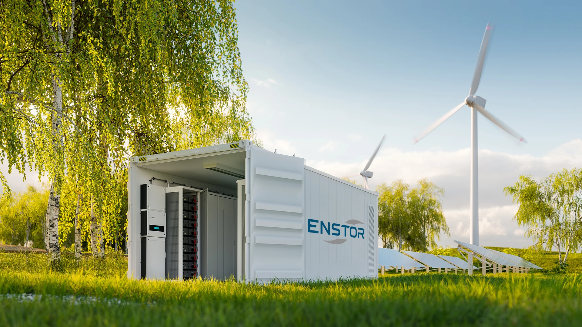 Enstor Energiegroßspeicher Container Windkraftanlage auf grüner Wiese mit Bäumen im Hintergrund Enstor Energiegroßspeicher Container Windkraftanlage auf grüner Wiese mit Bäumen im Hintergrund