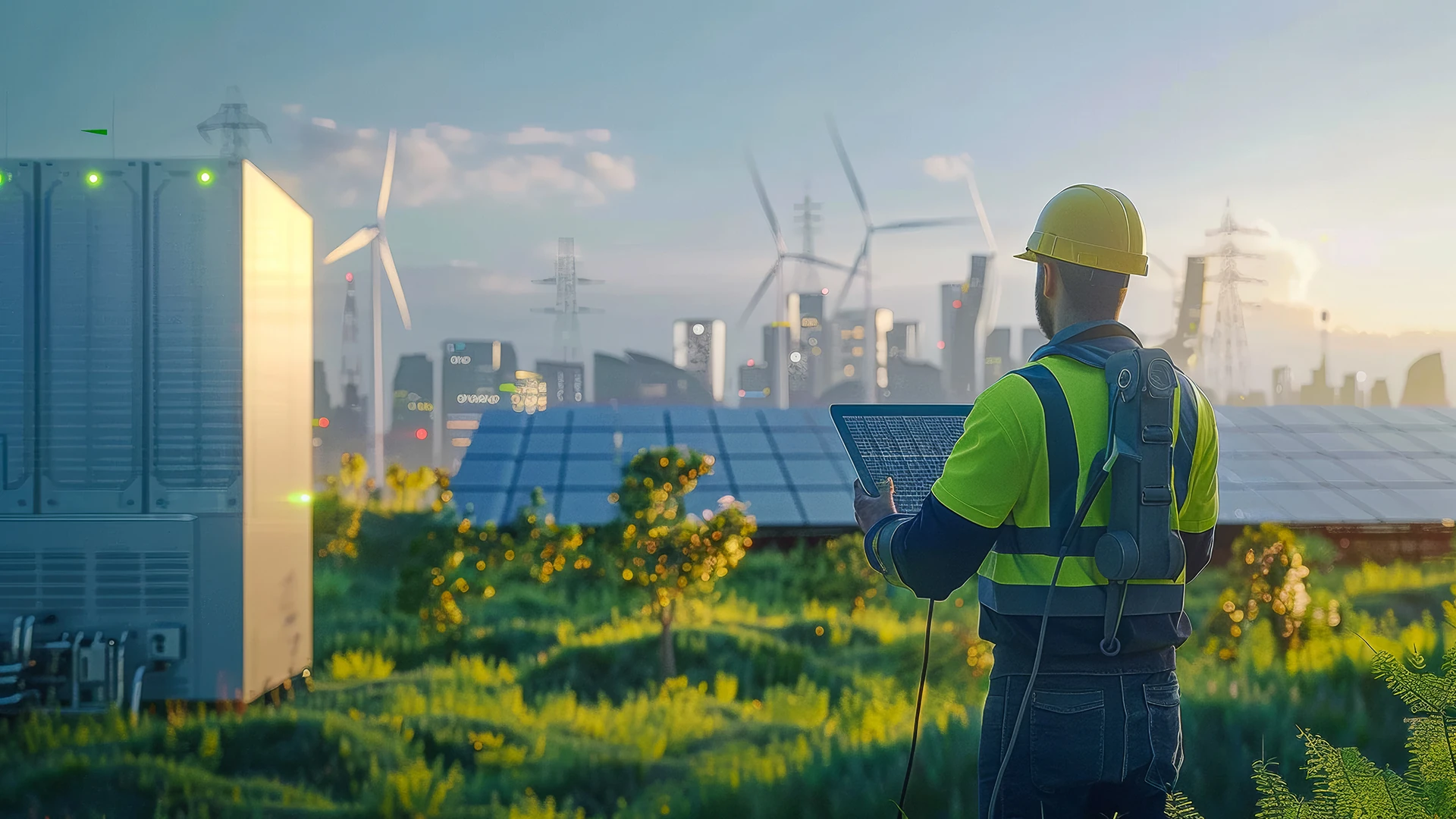 Enstor Mitarbeiter Arbeiter kontrolliert Anlage umweltfreundliche Energie, grüne Energiegewinnung, Energiegroßspeicher, Solaranlage, Windkraftanlage Enstor Mitarbeiter Arbeiter kontrolliert Anlage umweltfreundliche Energie, grüne Energiegewinnung, Energiegroßspeicher, Solaranlage, Windkraftanlage