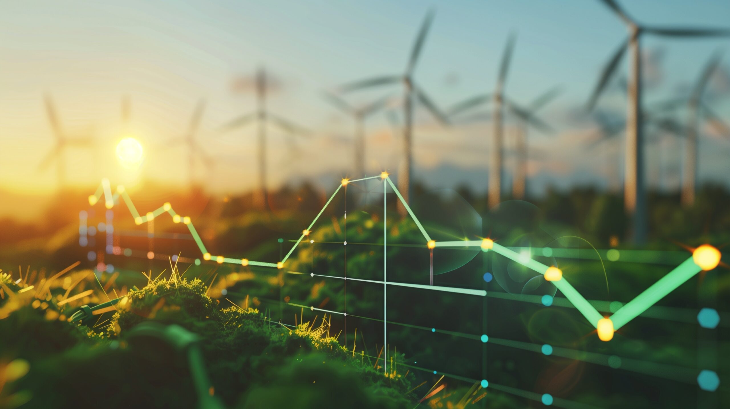 Enstor Energiegroßspeicher, Windkraftanlage, Energiediagramm schwebt als Hologram im Bild Enstor Energiegroßspeicher, Windkraftanlage, Energiediagramm schwebt als Hologram im Bild